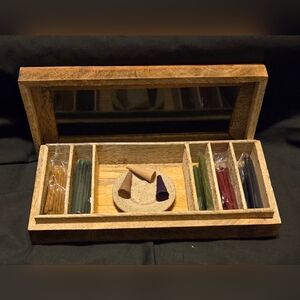 Vintage Trinket Box Wood Glass Lid Multi Divided Compartments Incense Sticks